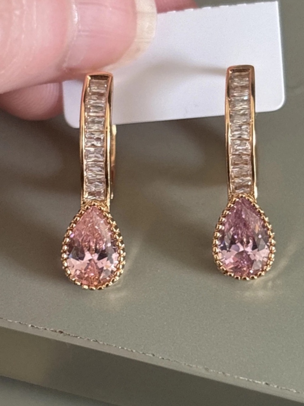 Rose Gold Plated Pink CZ Teardrop Dangle Hoop Earrings Baguette Accent - Picture 6 of 7